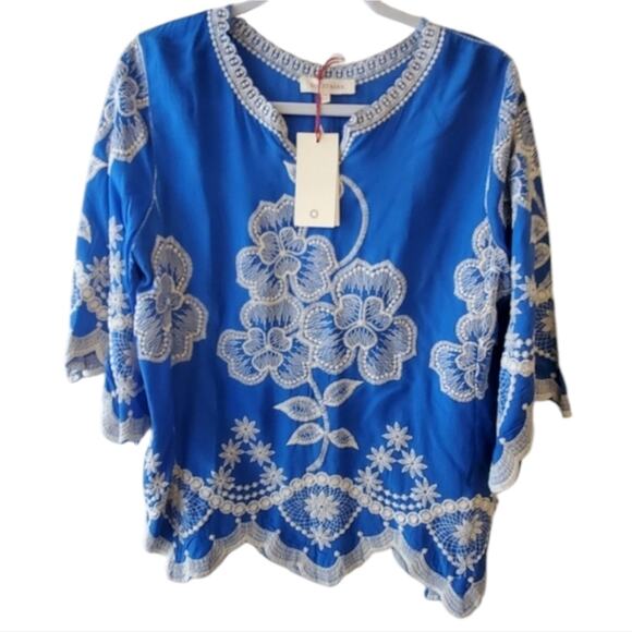 SOLITAIRE Gorgeous Heavily embroidered scallop hem tunic Size medium New! - Picture 1 of 13